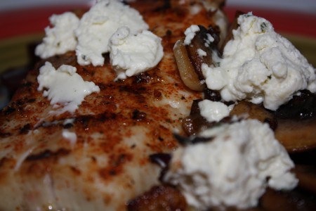 Grilled Mahi Mahi with mushroom ragout and crumbled Boursin